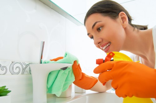 Safety-focused carpet cleaning team maintaining a tidy work area